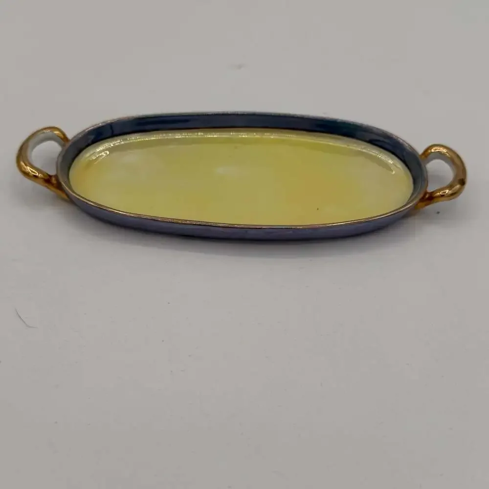 vintage-style ceramic small handled tray or dish vanity yellow blue luster ware